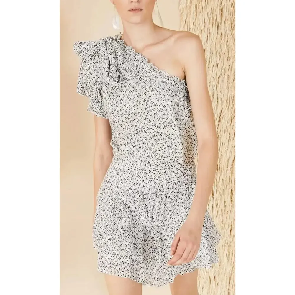 Ulla Johnson Alene One Shoulder Cotton Top Porcelain Floral Vine Puff Sleeve Bow